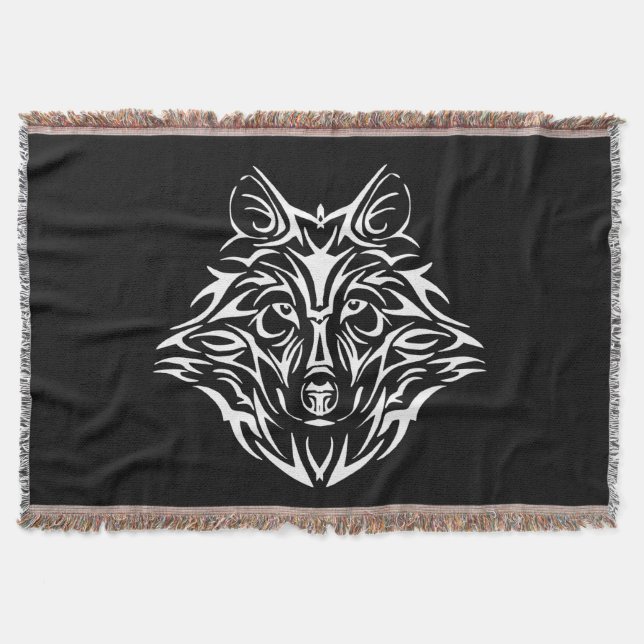 White Wolf Head on Black  Throw Blanket (Front)