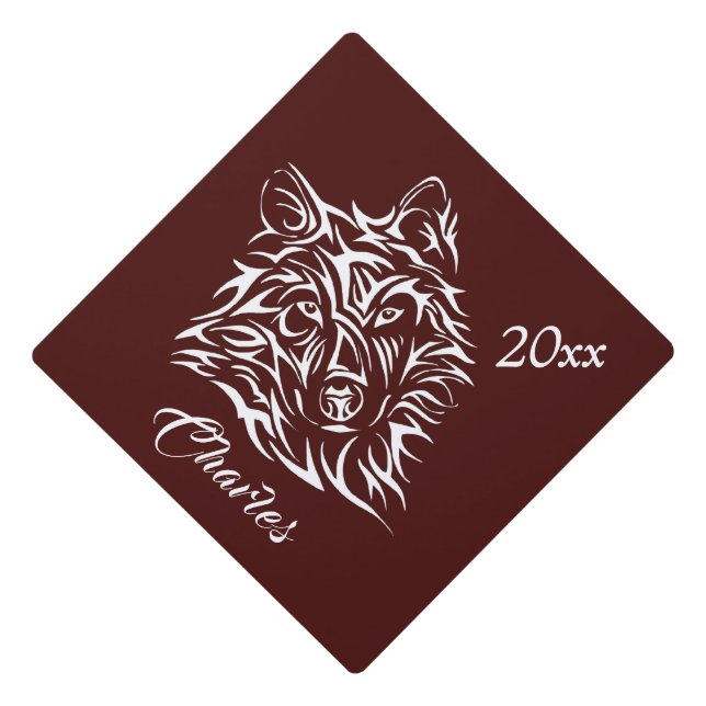 White Wolf Head on Blood Red w Name Graduation Cap Topper (Front)