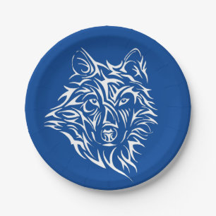 White Wolf Head on Blue  Paper Plate