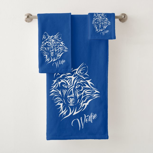 White Wolf Head on Blue Personal Bath Towel Set (Insitu)