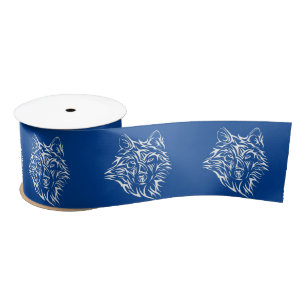 White Wolf Head on Blue Satin Ribbon