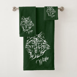 White Wolf Head on Green Personal Bath Towel Set