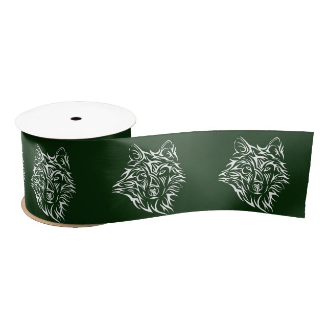 White Wolf Head on Green Satin Ribbon (Spool)