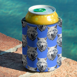 White Wolf Head Pattern Design Blue Can Cooler