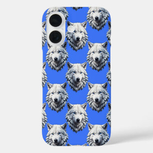 White Wolf Head Pattern Design Blue  iPhone 16 Case