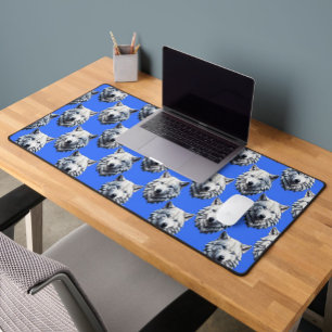 White Wolf Head Pattern Design Blue Desk Mat