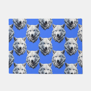 White Wolf Head Pattern Design Blue  Doormat