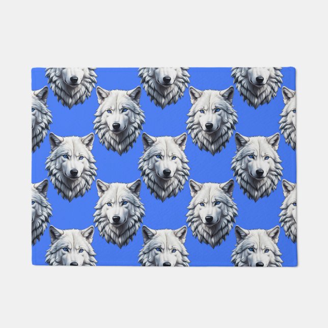 White Wolf Head Pattern Design Blue  Doormat (Front)