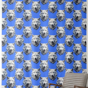 White Wolf Head Pattern Design Blue Fabric