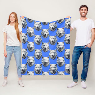 White Wolf Head Pattern Design Blue  Fleece Blanket