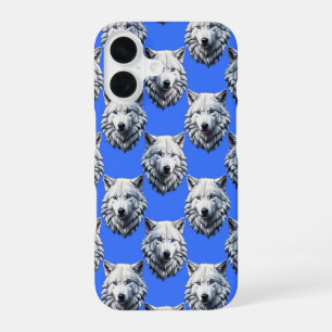 White Wolf Head Pattern Design Blue  iPhone 16 Case