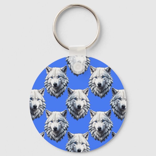 White Wolf Head Pattern Design Blue  Keychain (Front)