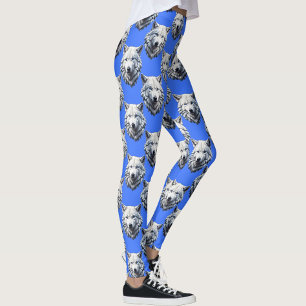 White Wolf Head Pattern Design Blue Leggings