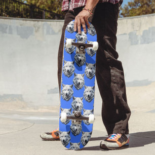 White Wolf Head Pattern Design Blue Skateboard