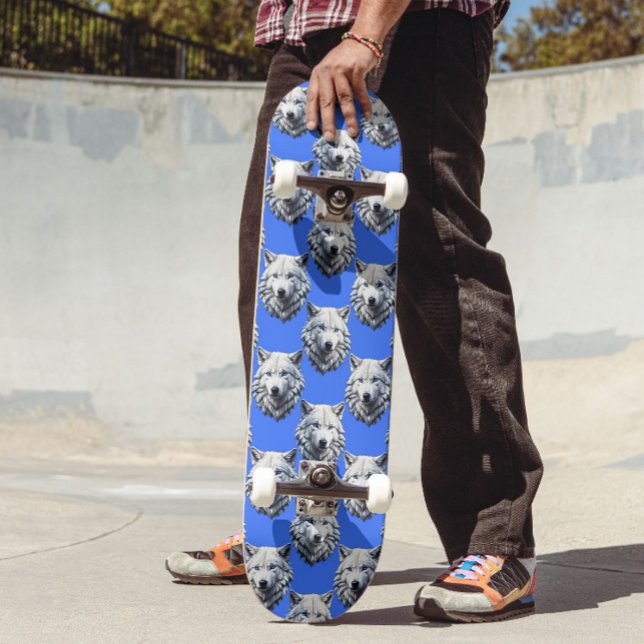 White Wolf Head Pattern Design Blue  Skateboard (Creator Uploaded)