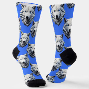 White Wolf Head Pattern Design Blue  Socks