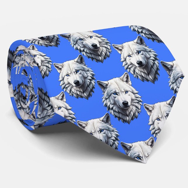 White Wolf Head Pattern Design Blue  Tie (Creator Uploaded)