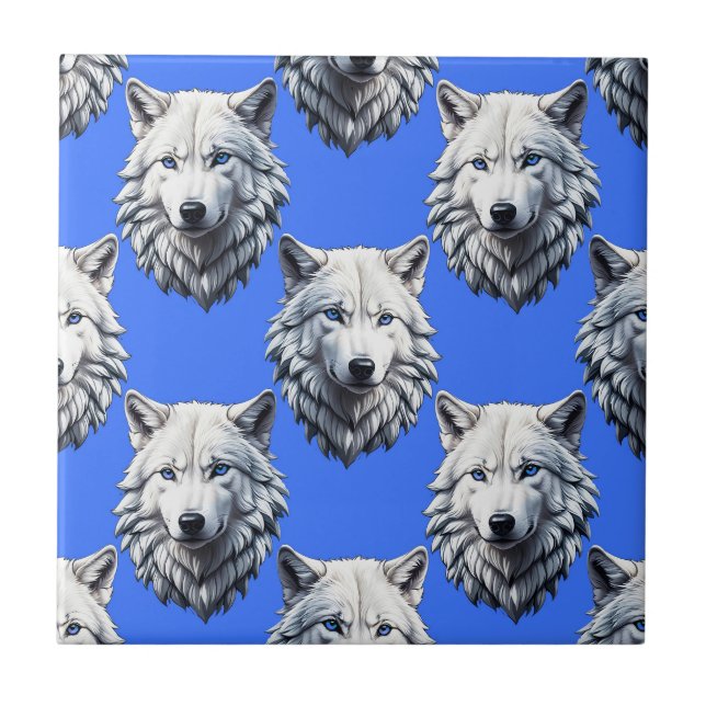 White Wolf Head Pattern Design Blue  Tile (Front)