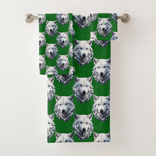 White Wolf Head Pattern Design Green Bath Towel Set