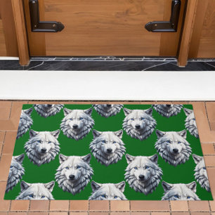 White Wolf Head Pattern Design Green Doormat