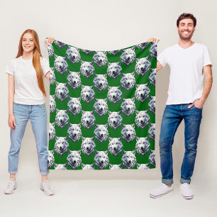 White Wolf Head Pattern Design Green Fleece Blanket