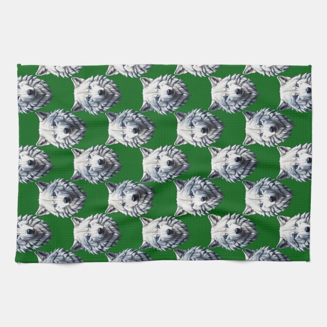 White Wolf Head Pattern Design Green  Kitchen Towel (Horizontal)