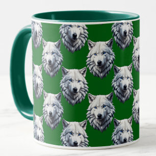 White Wolf Head Pattern Design Green  Mug
