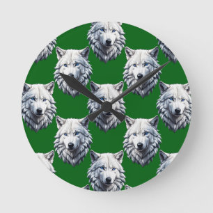 White Wolf Head Pattern Design Green Round Clock