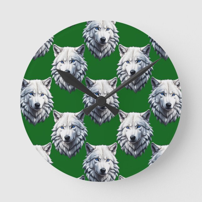 White Wolf Head Pattern Design Green  Round Clock (Front)