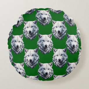 White Wolf Head Pattern Design Green Round Pillow