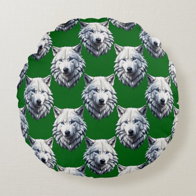 White Wolf Head Pattern Design Green  Round Pillow (Front)