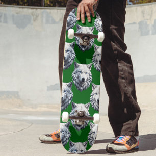 White Wolf Head Pattern Design Green Skateboard