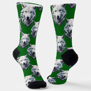 White Wolf Head Pattern Design Green Socks