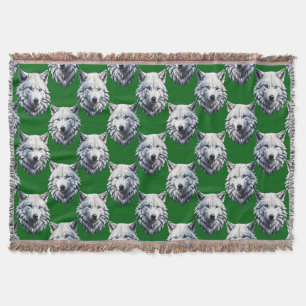 White Wolf Head Pattern Design Green  Throw Blanket