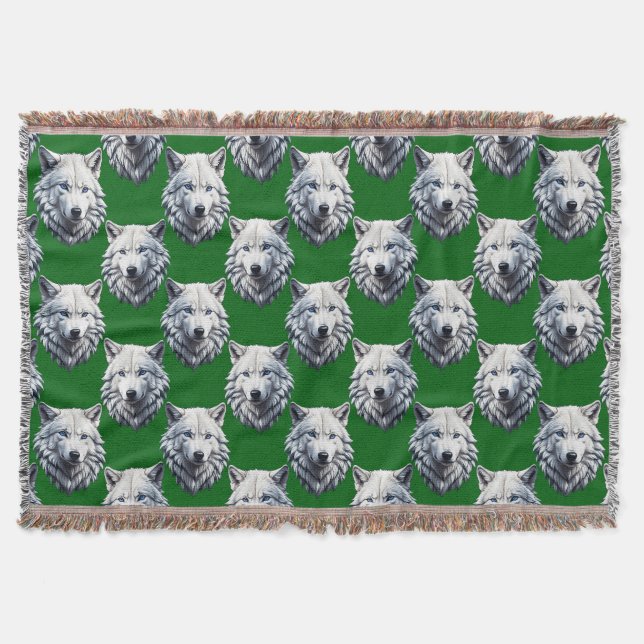 White Wolf Head Pattern Design Green  Throw Blanket (Front)