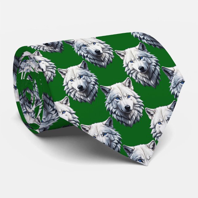 White Wolf Head Pattern Design Green  Tie (Creator Uploaded)