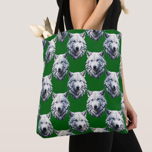 White Wolf Head Pattern Design Green Tote Bag