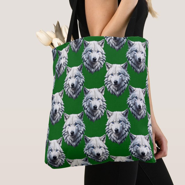 White Wolf Head Pattern Design Green  Tote Bag (Creator Uploaded)
