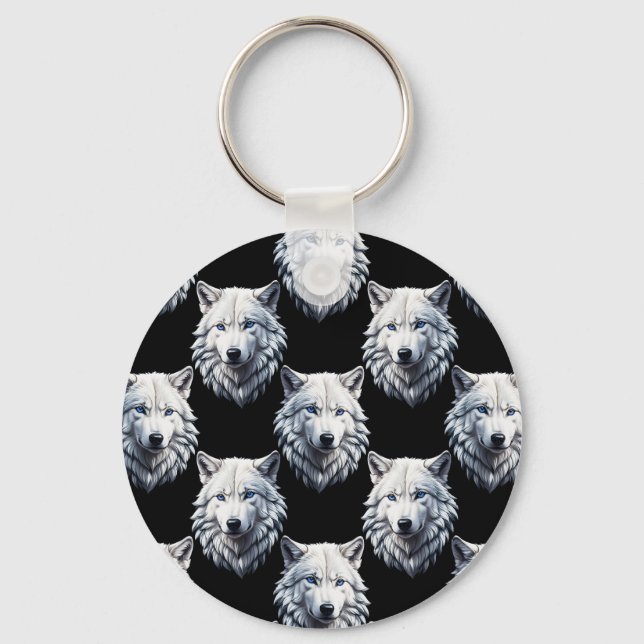 White Wolf Head Pattern Design  Keychain (Front)