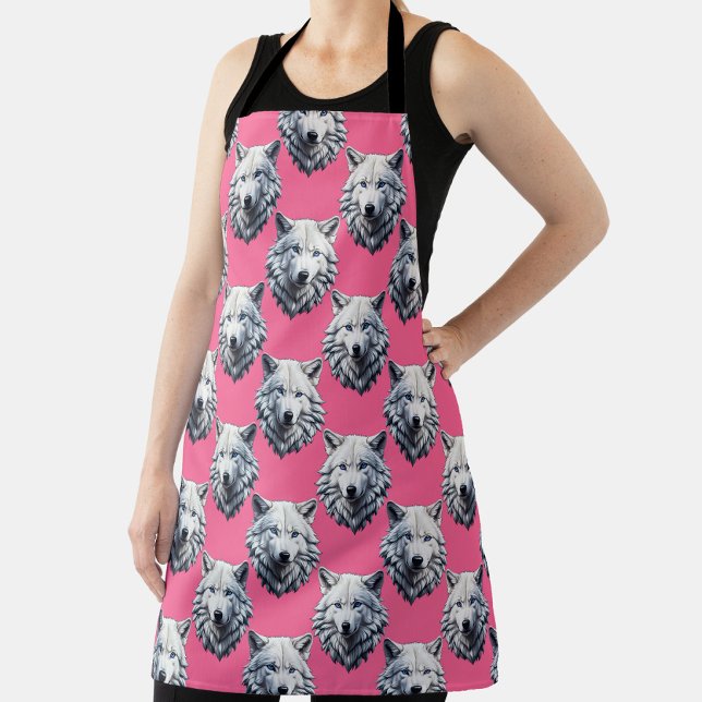 White Wolf Head Pattern Design Pink  Apron (Creator Uploaded)