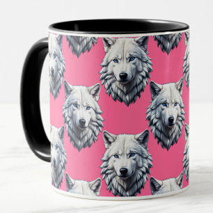 White Wolf Head Pattern Design Pink  Mug