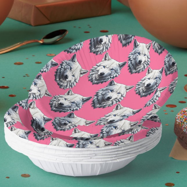 White Wolf Head Pattern Design Pink  Paper Plate (Creator Uploaded)