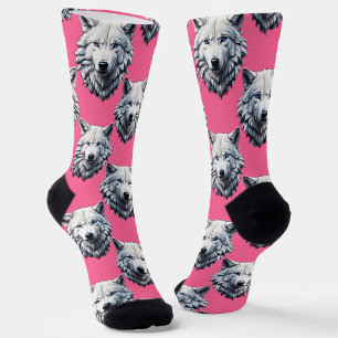 White Wolf Head Pattern Design Pink Socks