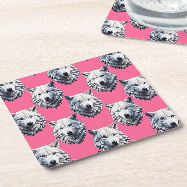White Wolf Head Pattern Design Pink  Square Paper Coaster (Creator Uploaded)