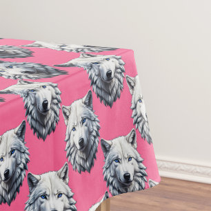 White Wolf Head Pattern Design Pink Tablecloth