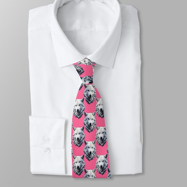 White Wolf Head Pattern Design Pink  Tie (Creator Uploaded)