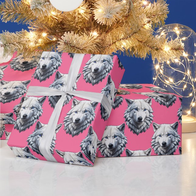 White Wolf Head Pattern Design Pink  Wrapping Paper (Creator Uploaded)