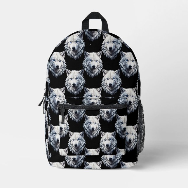 White Wolf Head Pattern Design  Printed Backpack (Front)
