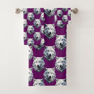 White Wolf Head Pattern Design Purple Bath Towel Set