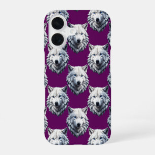 White Wolf Head Pattern Design Purple iPhone 16 Case